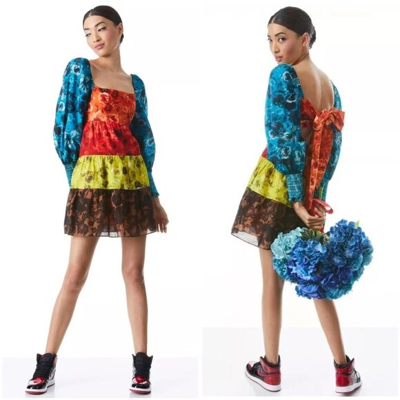 NWT Alice + Olivia Rowen Tiered Square Neck Babydoll Dress $440 - Picture 1 of 13